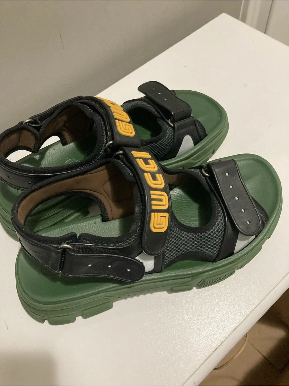 Gucci x Sega Aguru Black, Olive Green & Yellow Mesh Logo Platform Sandal